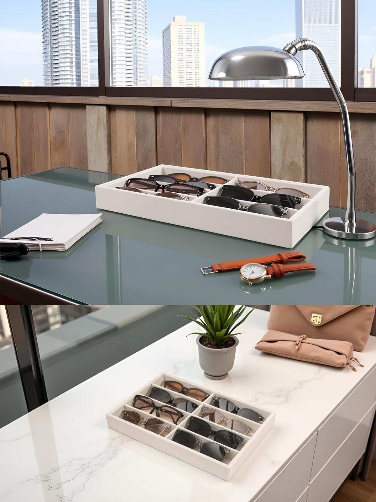 Coward Sunglass Organizer, Beige Velvet Glasses Trays - Eyeglasses Watches Jewelry Display - Men Women (8 Grids)