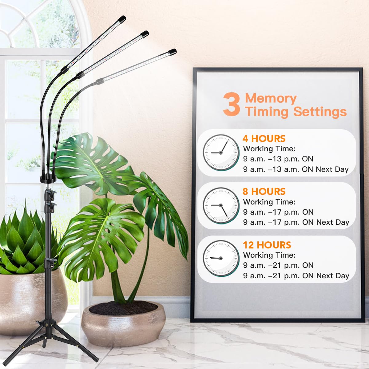 GooingTop Grow Light Floor Lamp,6000K 60W White Full Spectrum Plant Growing Lamp for Indoor Home Office Plants,5-Level Lighting Brightness,Timer 4 8 12 Hrs, Height Extendable 14-47''