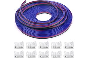 iCreating 16.4ft RGB LED Wire 22 AWG, 4Pin RGB Wire with 10PCS LED Strip Connector 22 Gauge 4 Colors RGB 4 Wire Cable Strand 4 Conductor Wire 22 GA RGB LED Strip Wire for RGB LED Strips 3528 5050