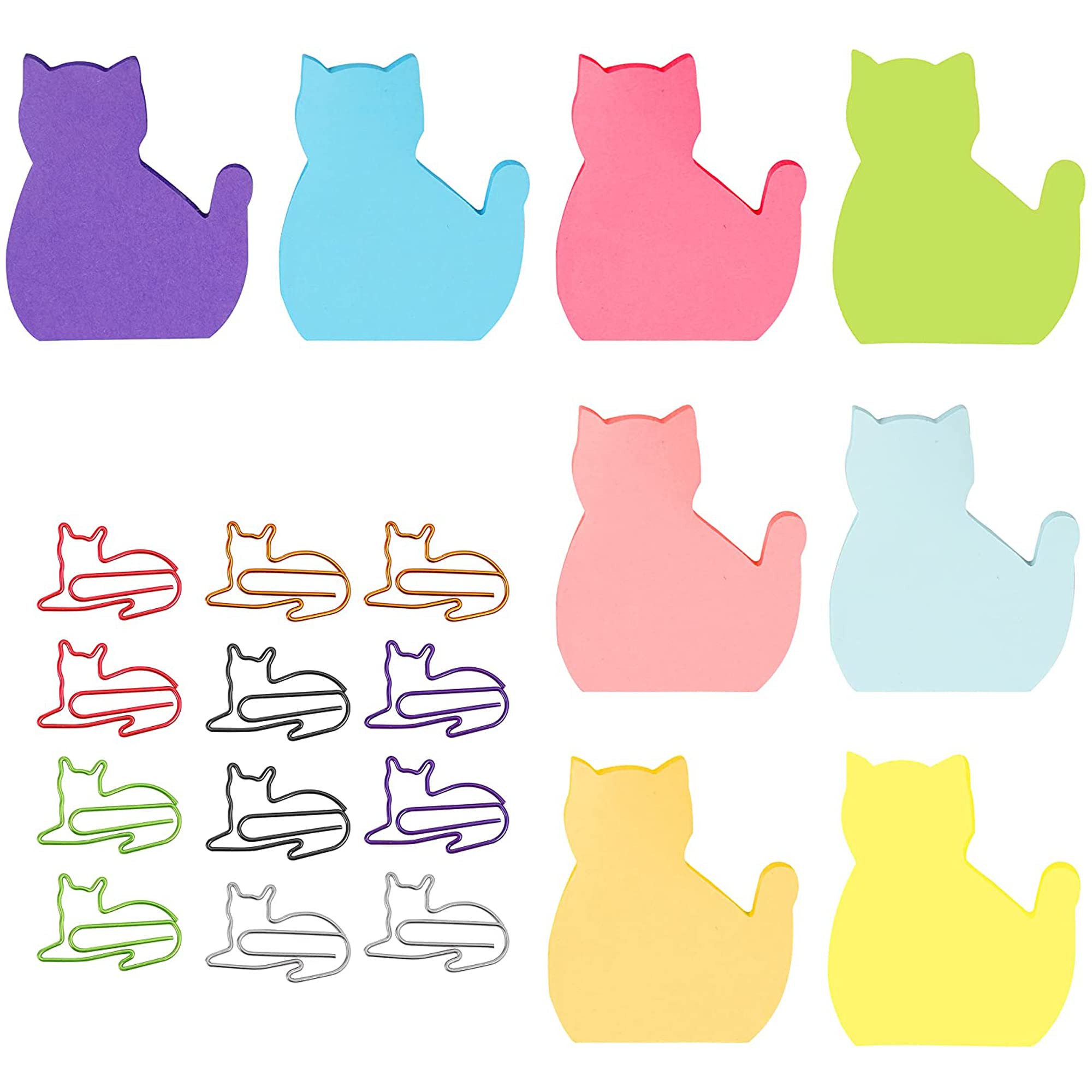 8 Pack Cat Sticky Notes, Novelty Cat Shaped Sticky Notes Cat Post It Notes with 12 Pieces Cute Cat Gifts Paper Clips for Women Home Office School