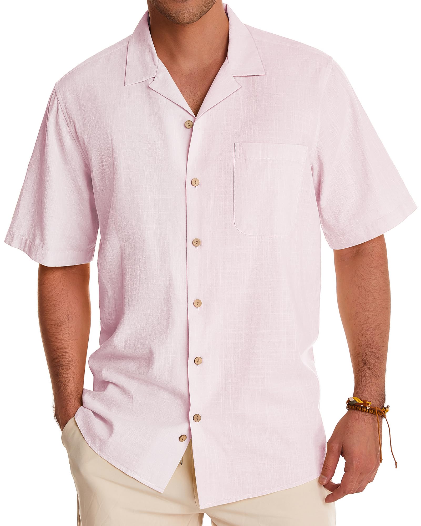 Photo 1 of Alimens & Gentle Mens Linen Shirts Short Sleeve Button Down Shirts Cotton Summer Beach Cuban Shirts Vacation Hawaiian Shirts Pale Pink