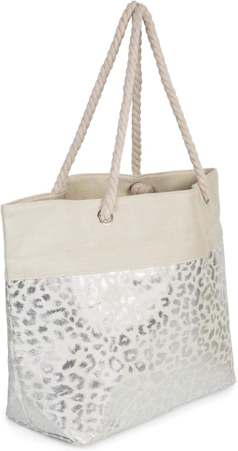 styleBREAKER women XXL beach bag with metallic leopard animal print and zip, shoulder bag, shopping bag 02012282, Colour:Beige-Silver - Image 3