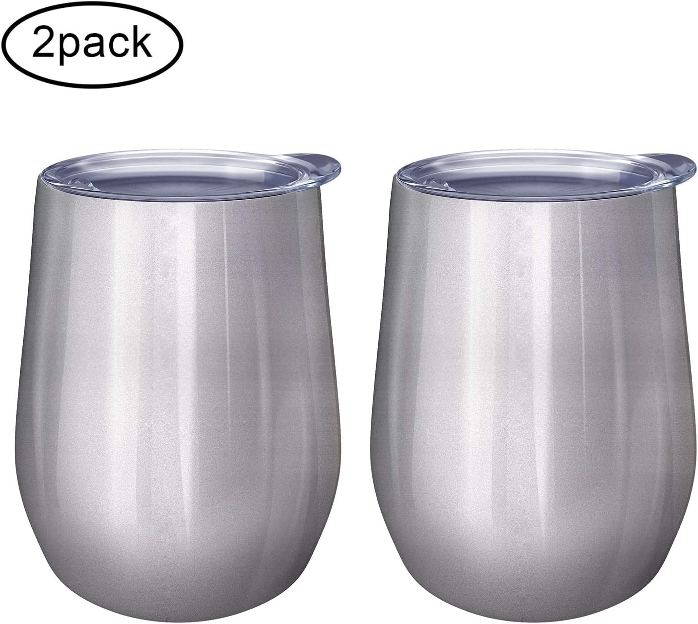 2 Pack Wine Glass with Lid, 12 oz Double-Insulated Stemless Vacuum Tumbler, Stainless Steel Travel Cup Silver