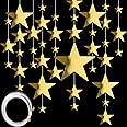 Boao 48 Pcs Gold Cardboard Stars Cutouts Hanging Glitter Foil Metallic Star Cutouts 6cm, 12cm, 20cm, 30cm and 50m Nylon Beading Fishing Line Decorations (Gold)