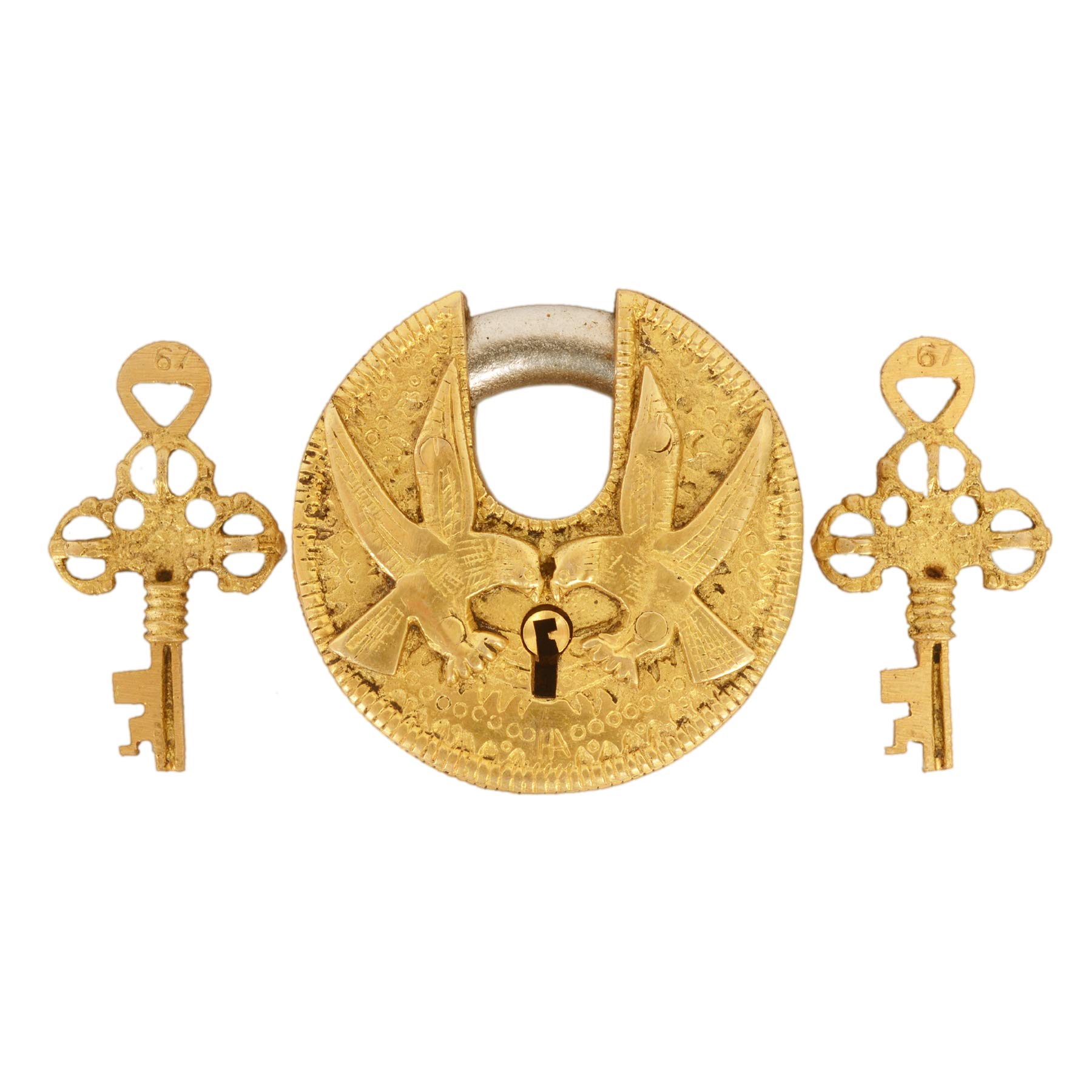 Purpledip Brass Lock Padlock with Eagle/Hawk: Round Antique Design; Unique Collectible Combination with Feng Shui Vastu Significance (11044)