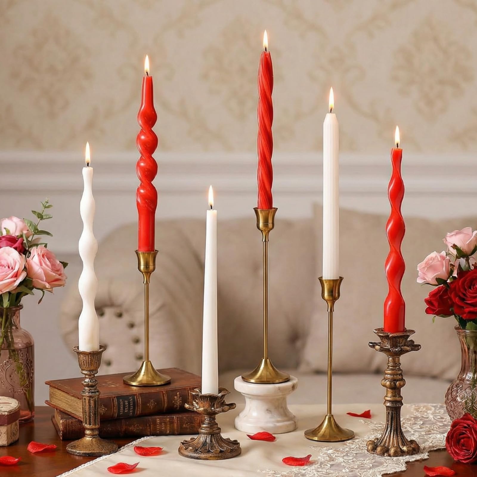 Photo 1 of **DAMAGED** Lyrow 6 Pcs 8 Inch Valentine Day Twisted Taper Candles Dripless Red White Unscented Spiral Wax Taper Candles Valentine Long Swirl Tapered Candlesticks for Wedding Holiday Party Decoration