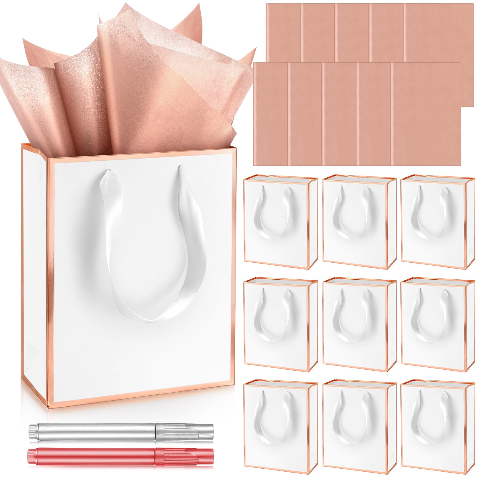 Photo 1 of Yeaqee 10 Pack Metallic Paper Gift Bags with Handles Tissue Paper White Rose Gold Thank You 5 Senses Gift Bags for Him Her Birthday Wedding Baby Shower Bridal Shower Groomsmen Favor 9 x 7 x 3.15''