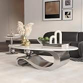 52" Oval Marble Coffee Table for Living Room, Modern Stainless Steel Silver Metal Base, Scratch-Resistant Accent Table, Luxury Center Table for Home Decor, Easy Assembly