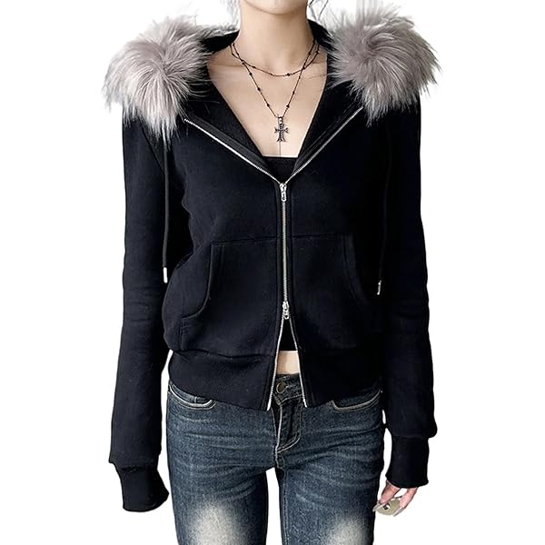 Y2k Zip Up Hoodie Fur Jackets Winter Coats Teen Emo Grunge