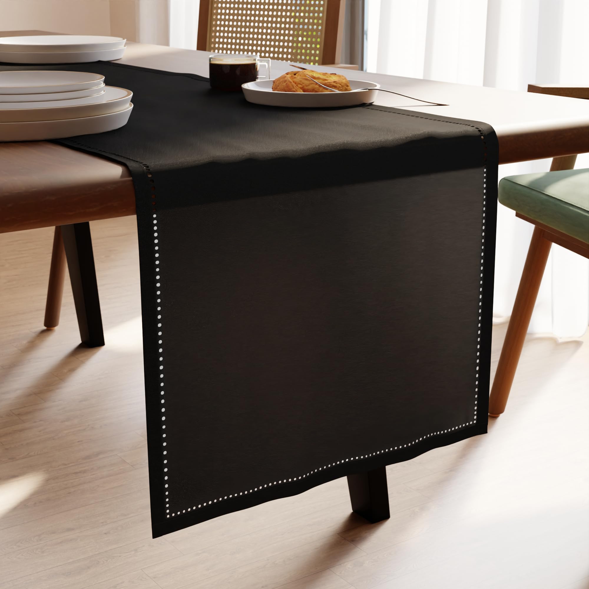 Encasa XO Dining Table Runner 13x59 in | Pure Cotton Hemstitched Design | Black - Machine Washable — image 1