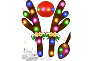 DERGO Christmas Reindeer Antlers Car Decoration Kit, IP44 Waterproof LED Lights Nose Vehicle with Jingle Bells Rudolph, Auto Holiday Accessories for SUV Van Truck Decor Multicolor