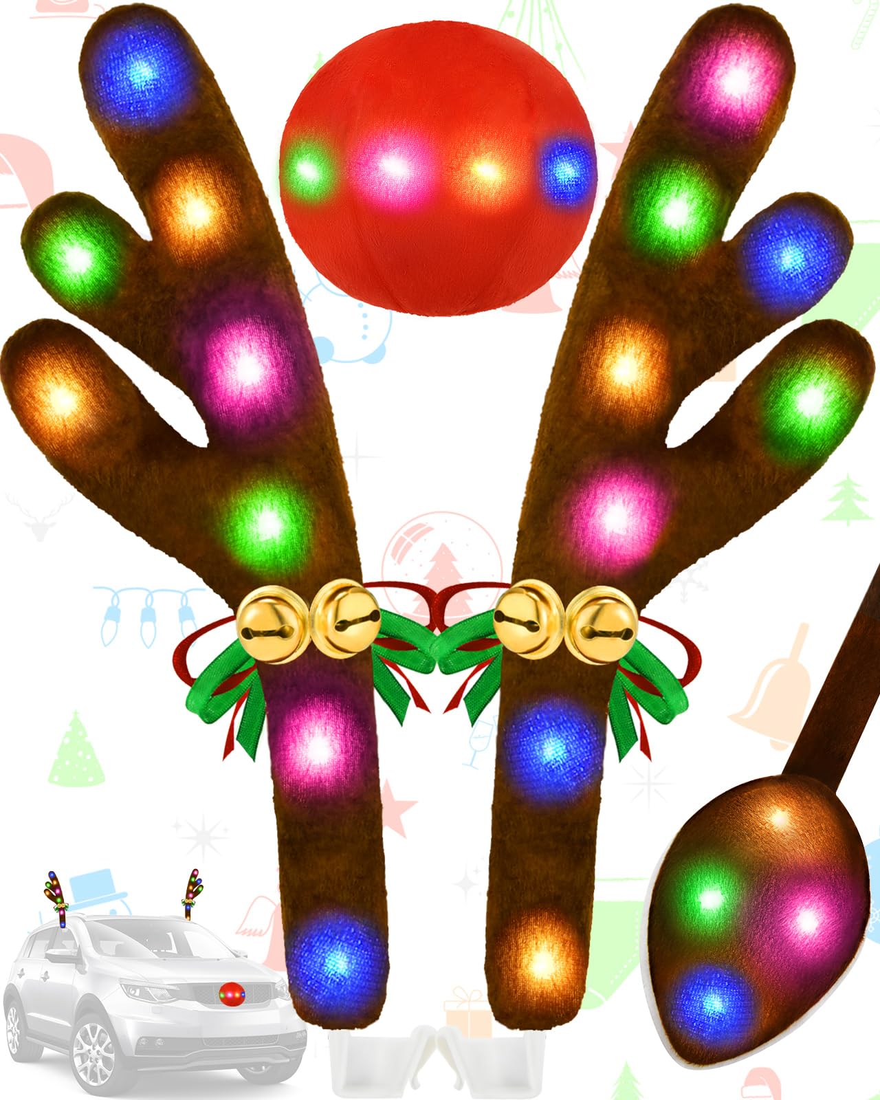 Photo 1 of Christmas Reindeer Antlers Car Decoration Kit, IP44 Waterproof LED Lights Nose Vehicle with Jingle Bells Rudolph, Auto Holiday Accessories for SUV Van Truck Decor Multicolor