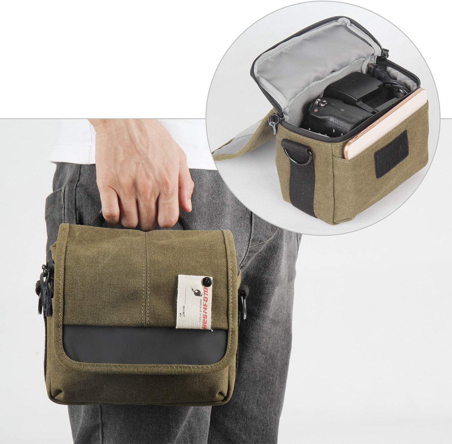 Besnfoto Mirrorless Camera Shoulder Bag Small Messenger Case Compact Waist Bag Waterproof Compatible for Canon EOS M10 M6 M2 Mrak M50 M100 Nikon P600 D5100 D5300 Sony RX10M3 Olympus E-M10 (Army Green)