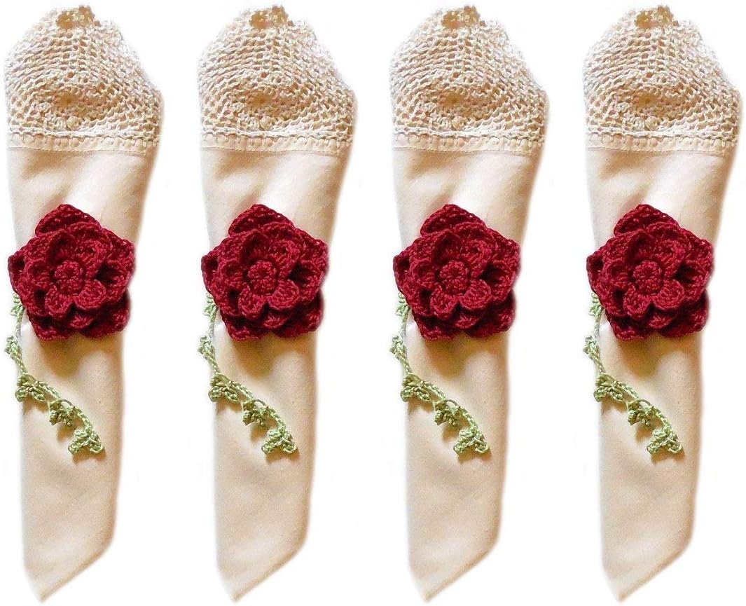 Adjustable Napkin Rings Red Rose & Vine Set of 4 Crochet Handmade Table Decor