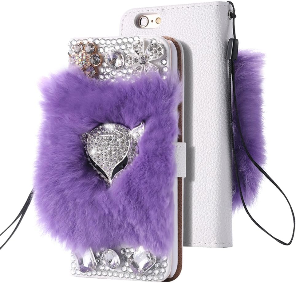 Rejected all traditions Luxury Real Rabbit Fur Fox Head Rhinestone Bling Diamond Case for Apple iPhone 7 Plus 5.5 Inch - Purple