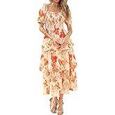 BTFBM Womens Square Neck Smocked Dress Summer Puff Short Sleeve Floral Casual Ruffle Tiered Maxi Wedding Guest Dresses