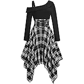 SANLEG Women's Gothic Plaid Dress Off-Shoulder Asymmetrical Hem Long Sleeve Stretch Fabric Casual Gothic