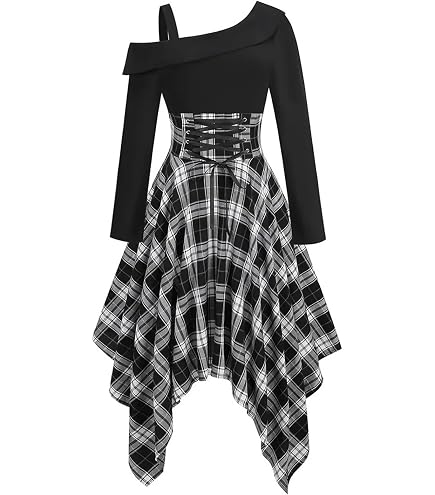 Womens Vintage Gothic Dresses Casual Off Shoulder Long Sleeve Lace Up Tartan Plaid Print Asymmetrical Hem Mini Dress Red at Amazon Women's Clothing store