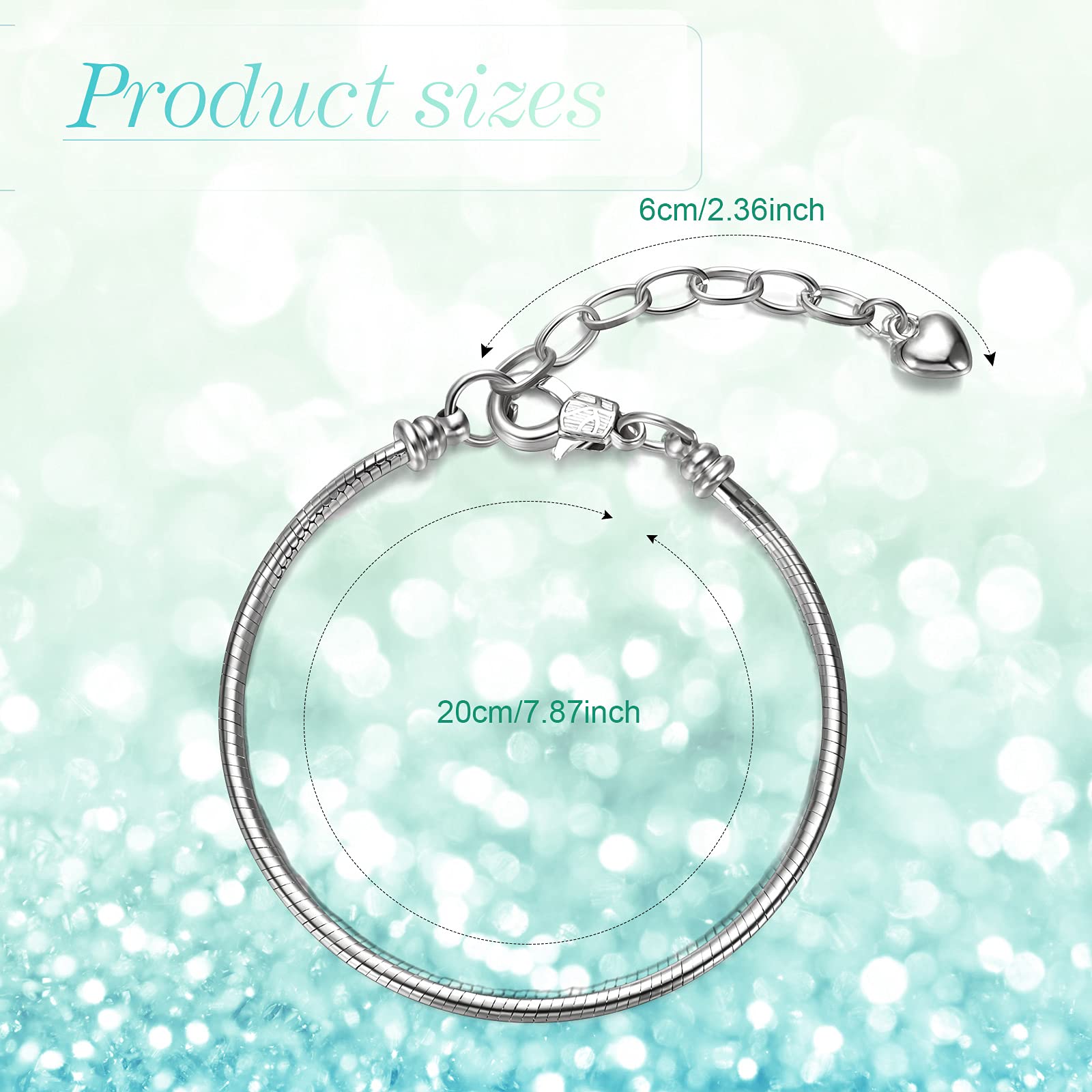 Hicarer 27 Pieces Snake Charm Bracelet Chain Adjustable Charm Bracelet Chain with Heart Shape Extender Copper DIY for Women Jewelry Making(7.9 Inch,Silver)