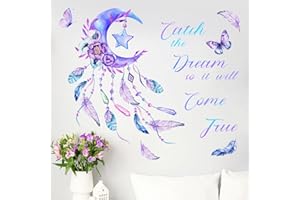 Catch The Dream Purple Moon Wall Decals Stickers, Inspirational Dreamcatcher Feathers Flower Butterfly Nursery Decor, Boho Po