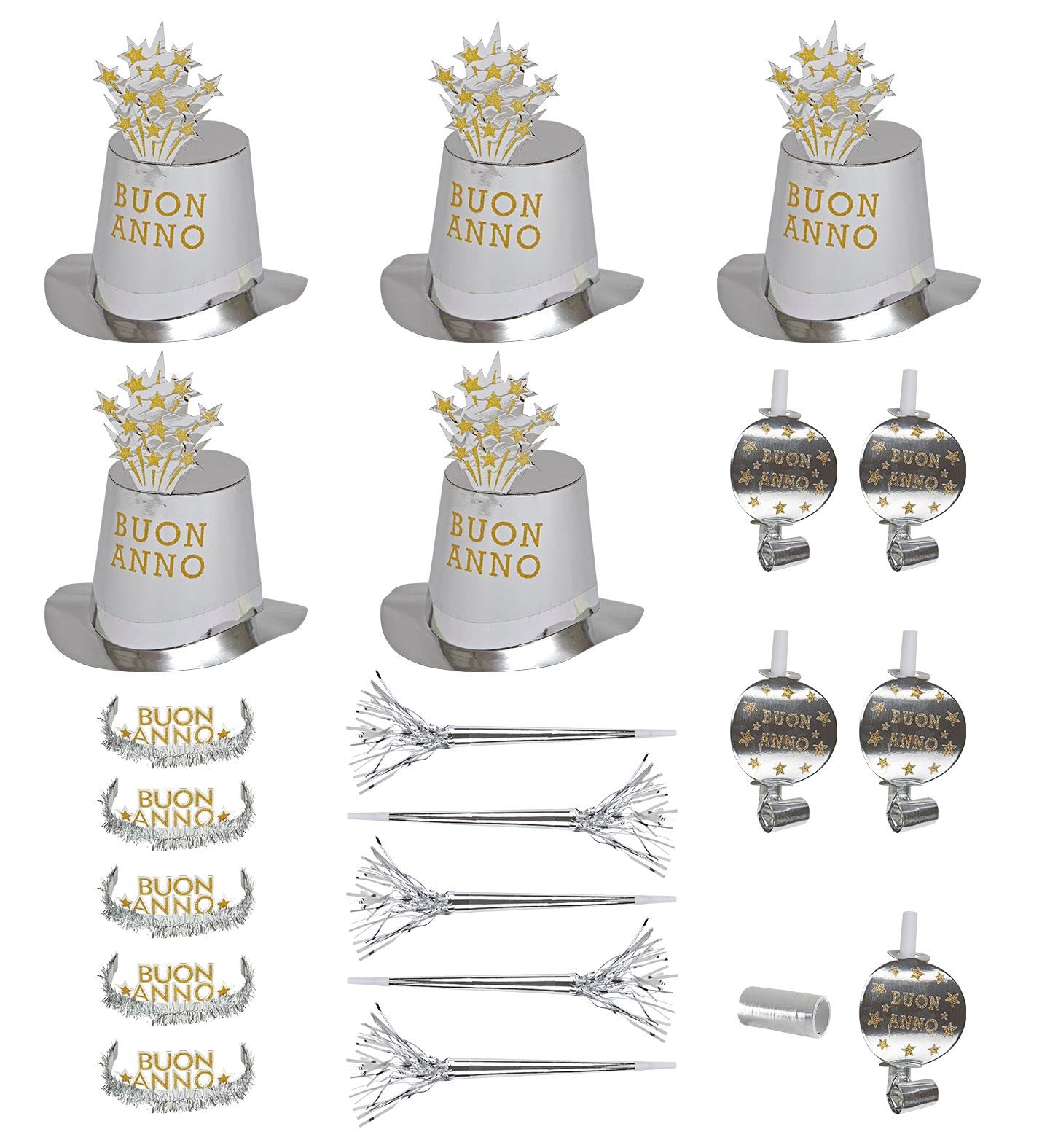 WIDMANN 8006W - Buon Anno Party Kit for 10 People, Adult Unisex, 5 Cylinders, 5 Crowns, 5 Sound Trumpets, 5 Sound Languages, 10 Streamers, New Year's Eve, Silver Color — image 1