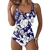 Aleumdr Women's One Piece Swimsuit Tummy Control V Wired Slimming Bathing Suit Color Block Printed Swimwear