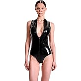 Cute and Spicy Lara Playsuit Pleather Bodysuits Faux Patent Leather Leotard Invisible Zip Up Deep V Vinyl Body suit