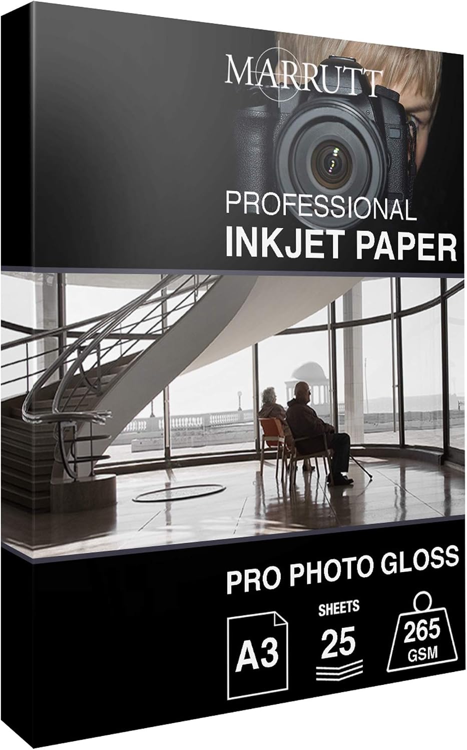 Marrutt 265gsm Pro Photo Gloss Inkjet Paper: A3-25 Sheets, White,Black