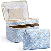 HBselect 2Pcs Travel Makeup Bag, Large Cotton Quilted Makeup Bag Cosmetic Bag Cute Make up Bag Toiletry Bags for Women Girls