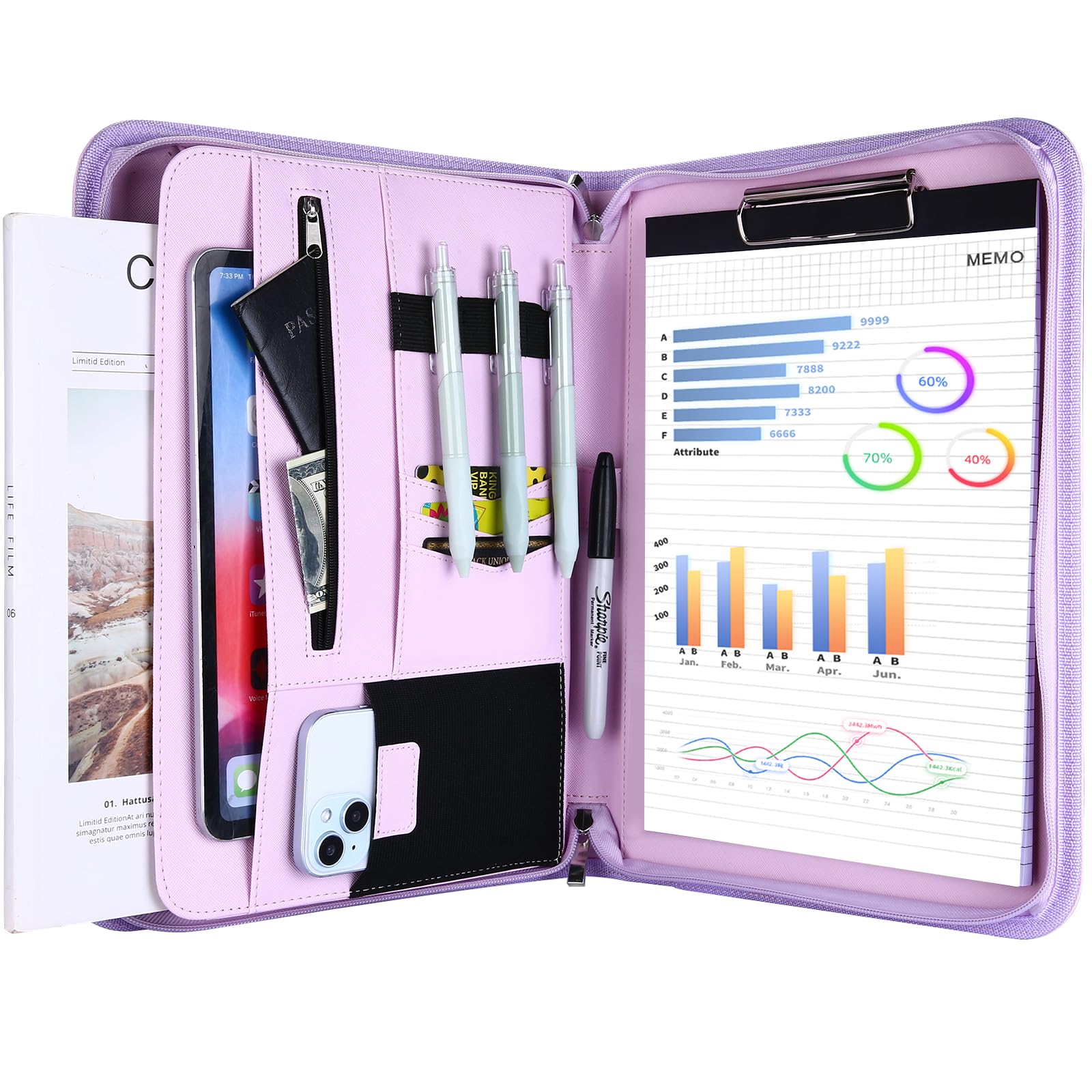 ProCase Portfolio Business Padfolio Folder with Zipper, Conference Meeting Executive File Legal Document Organizer with Pockets Letter Size A4 Writing Pad Notepad Padfolio for Father's Day -Purple