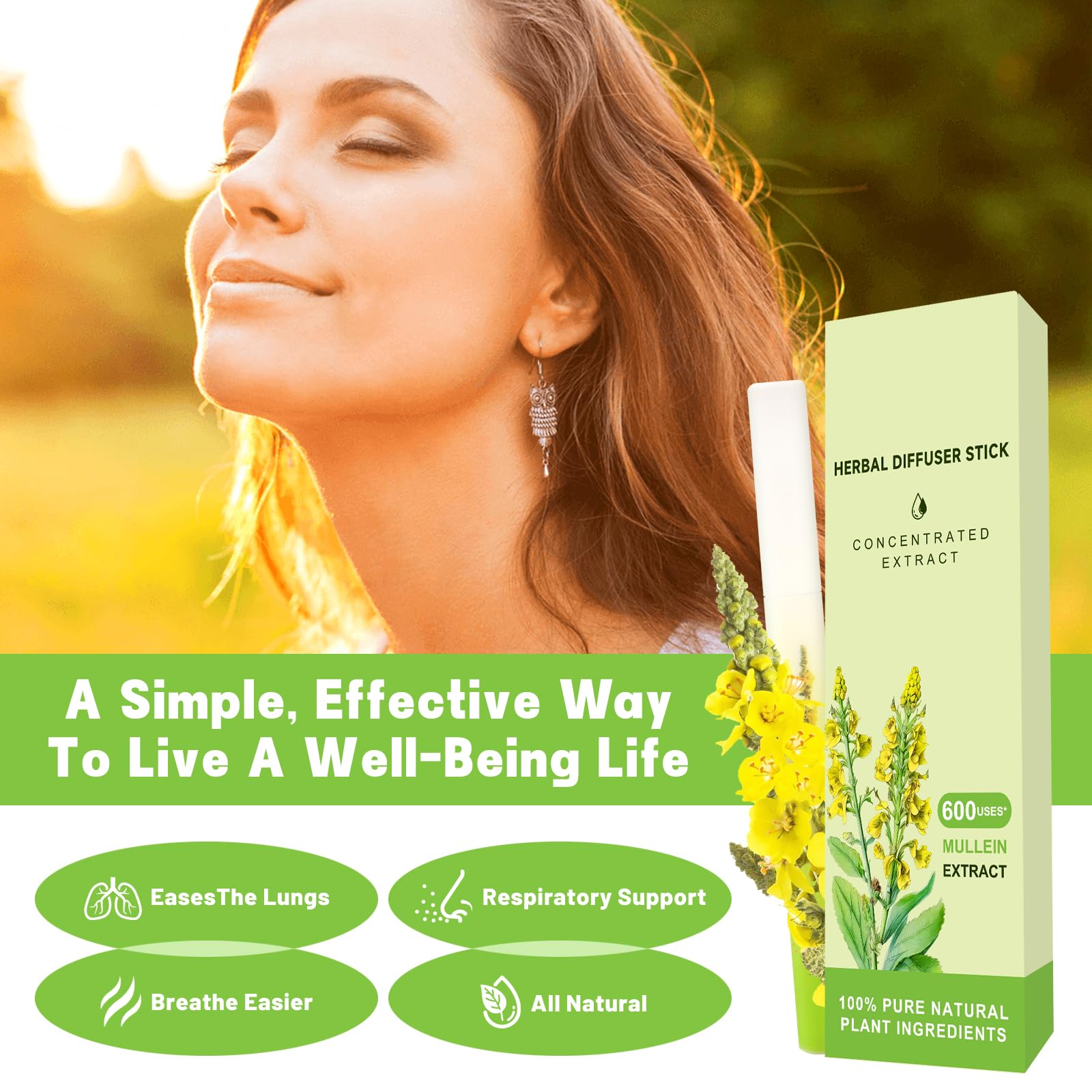 Mullein Herbal Diffuser Upgraded with Extracts of Mullein, Thyme and Mint for Cleansing Lungs, Improving Breathing and Oral Air Freshening- 2 Stick, 2 Pack