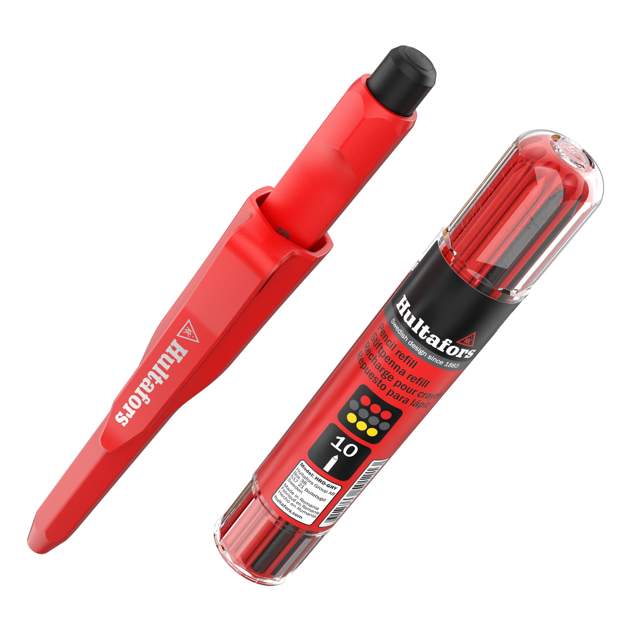 Hultafors Professional deep hole marker set incl. 10 refills (red, yellow & graphite) & sharpener I I Dry marker & dispenser with non-slip clip I Carpenter's pencil for a variety of surfaces I 650230