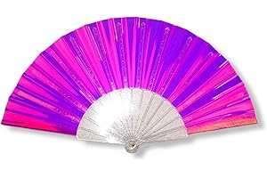 CTT CREATIONS CTT-Mini Folding Fan- 9 inches Tall 16 inches Wide- Hand Fan Clear Sparkly PVC -Hot Fire Pink - See Throught Light Material Fan for Events Rave Concert and Festival- Light and Compact
