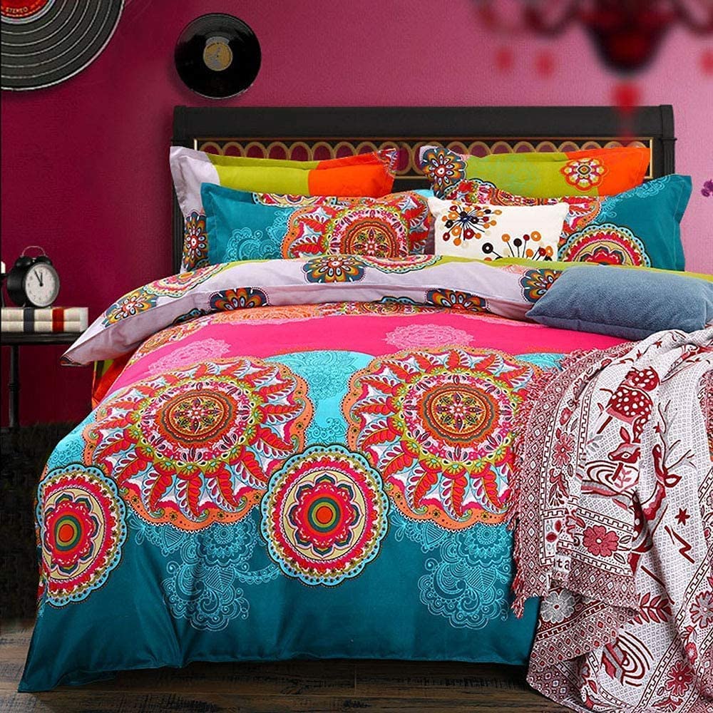 Bohemian Duvet Cover Set Double Size Lightweight Microfiber Bohemia Retro Printing Bedding Comforter Set Ethnic Vintage Floral Duvet Cover Bohemia Exotic Patterns Design Bedding Quilt Cover Decortion