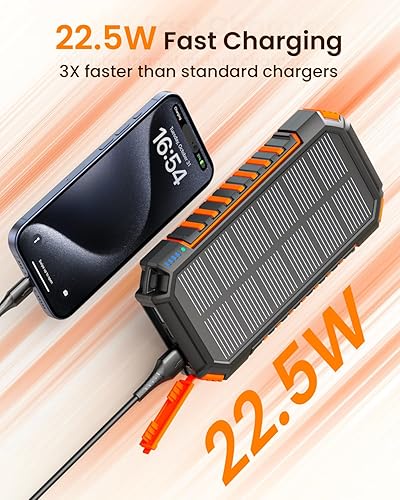 Riapow Solar Power Bank, 27000mah Wireless Battery Bank, Fast  Charging Portable Charger Built in Cables,