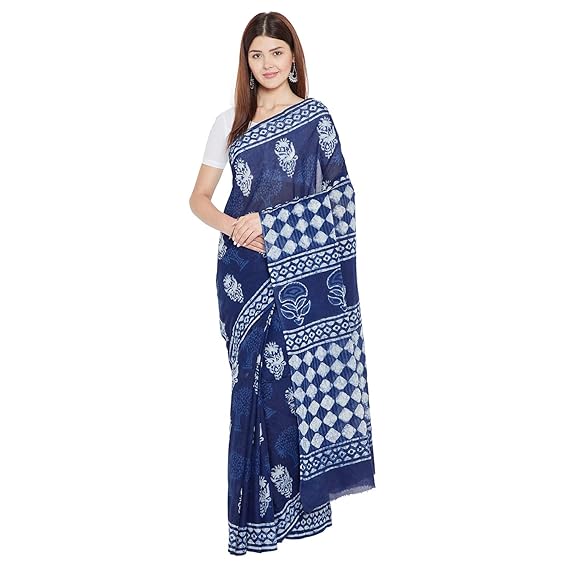 Finest Quality Cotton - Handmade Indigo Double Dabu print - Block Print Saree with Blouse Piece BAPASA0051 BAPASA0051