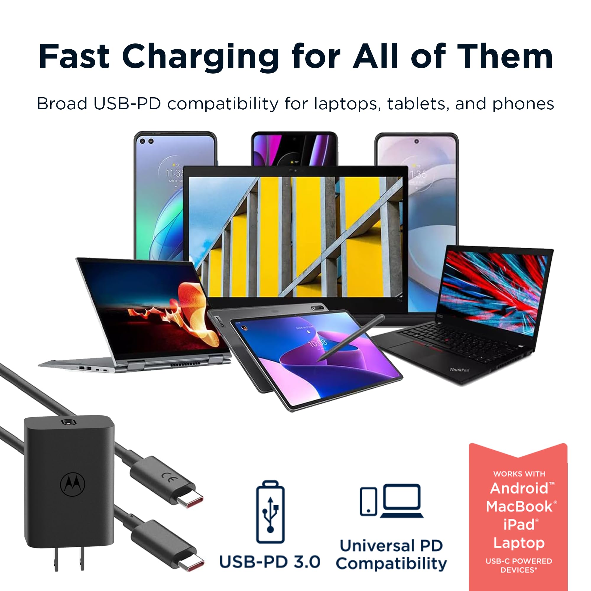 Motorola TurboPower 68W USB-C Wall Charger + 3.3ft 6.5 Amp E-Marked Cable, GaN Tech, Fastest for Moto G Stylus (2025), Motorola Edge+ (Plus) 2022/2023,Edge 2023/2024,Razr+ (Plus) 2024, PD Devices