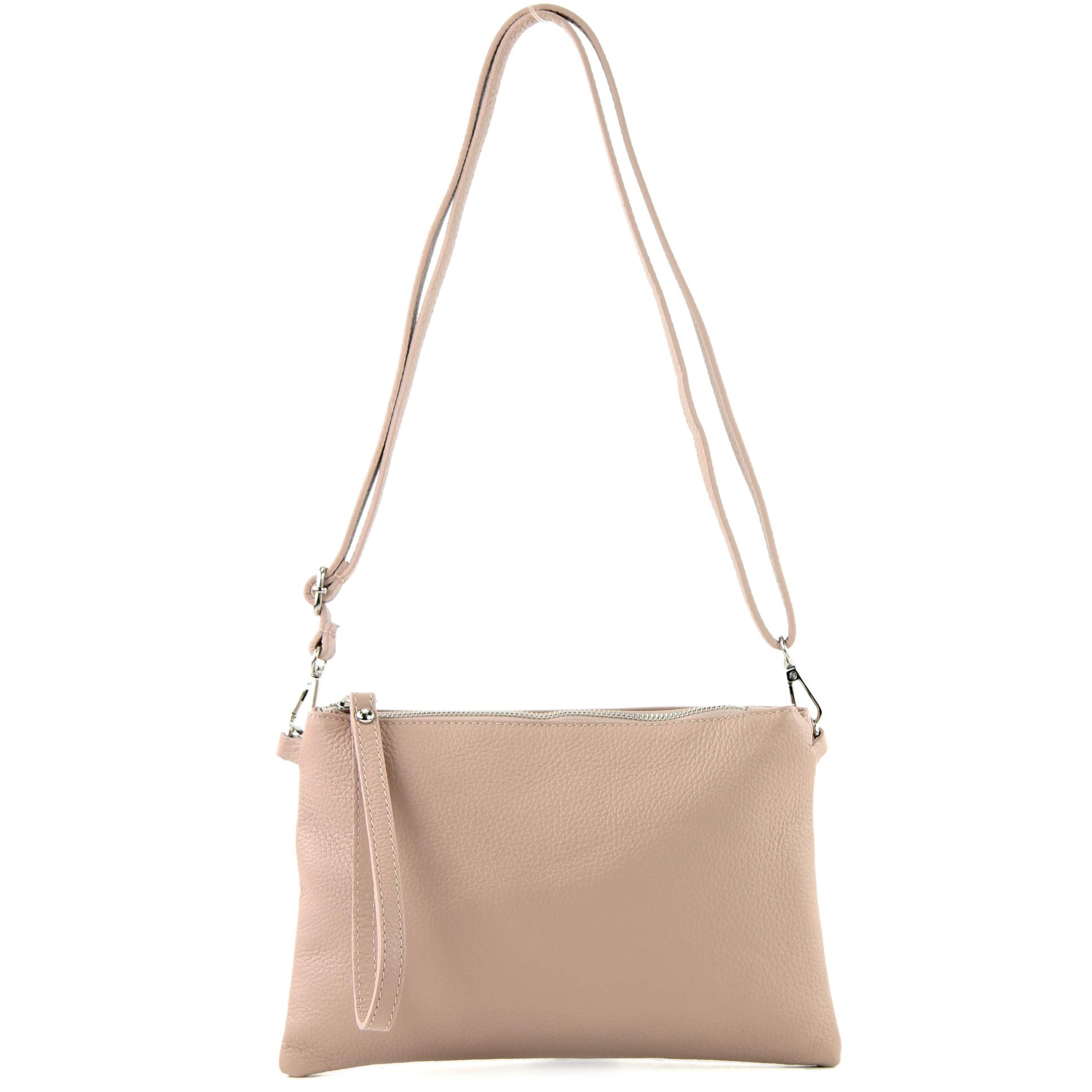 modamoda de - T186 - Italian Clutch/Shoulder Bag Leather Medium, Colour:Pink Beige