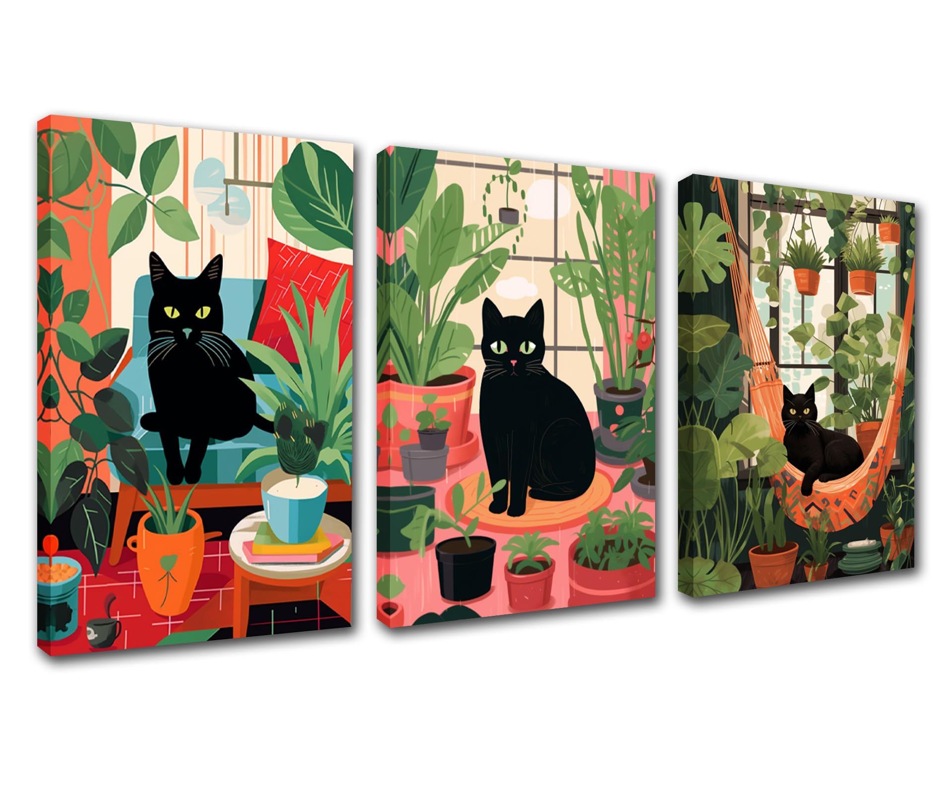 Green Leaves Animals Art Work for Home Walls Black Cat Surrounded by Potted Plant Pictures Bathroom Paintings 3 Panels Canvas Lovely Art Home Decor for Living Room Framed Ready to Hang 48''Wx24''H