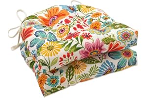 Pillow Perfect Bright Floral Indoor/Outdoor Chairpad with Ties Reversible, Tufted, Weather, and Fade Resistant, 15.5" x 16", Blue/Purple Gregoire 2 Count