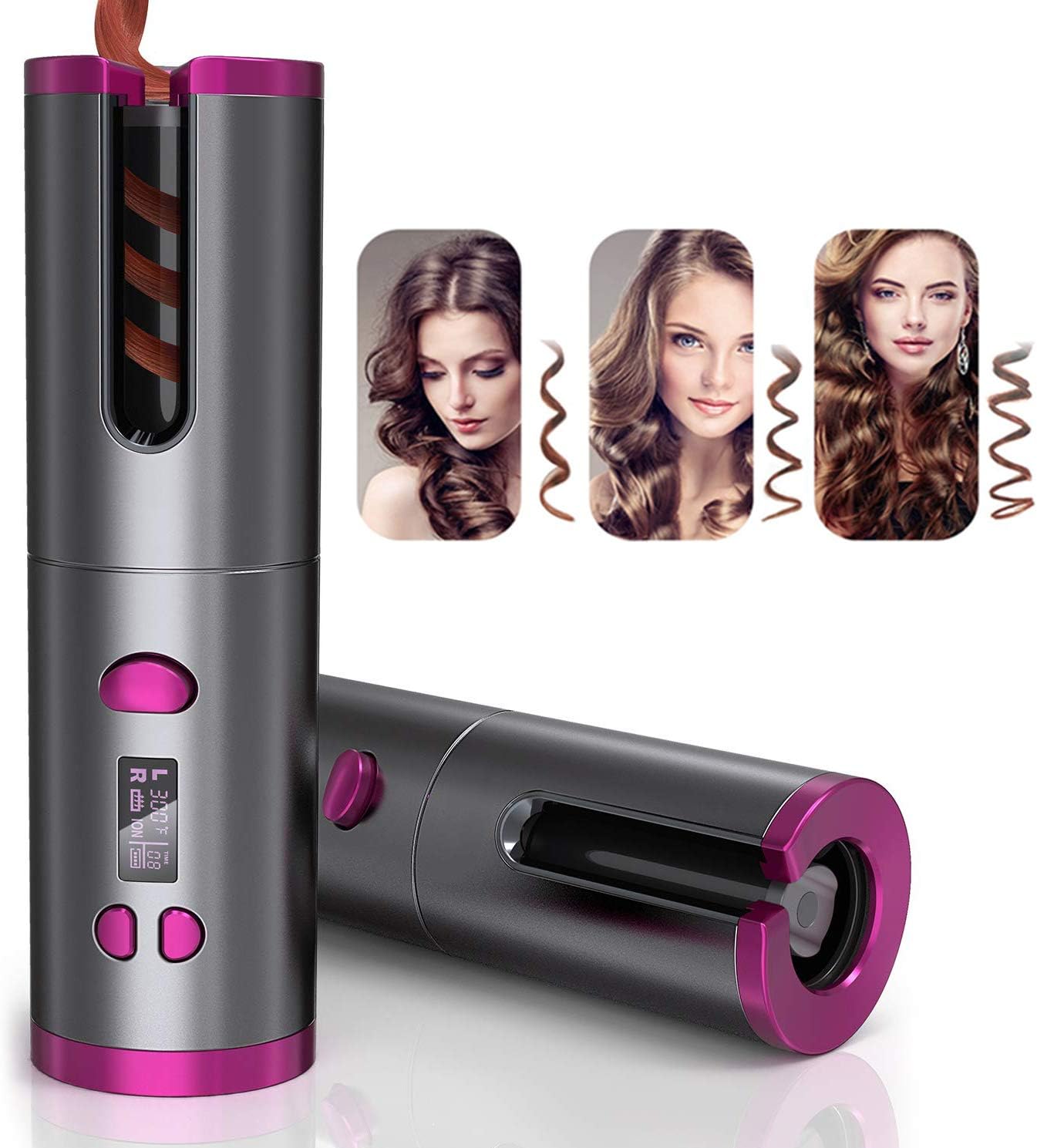 JMADENQ Cordless Auto-Rotating Hair Curler Hair Waver Curling Iron with LCD Temp Display, Rechargeable Portable,Temperature Adjustable Tourmaline Ceramic Hair Roller for Travel (Gray)