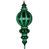 Vickerman 35" Shiny Finial Christmas Ornament with Glitter Accents, Shatterproof Plastic, Holiday Christmas Tree Decoration, Green