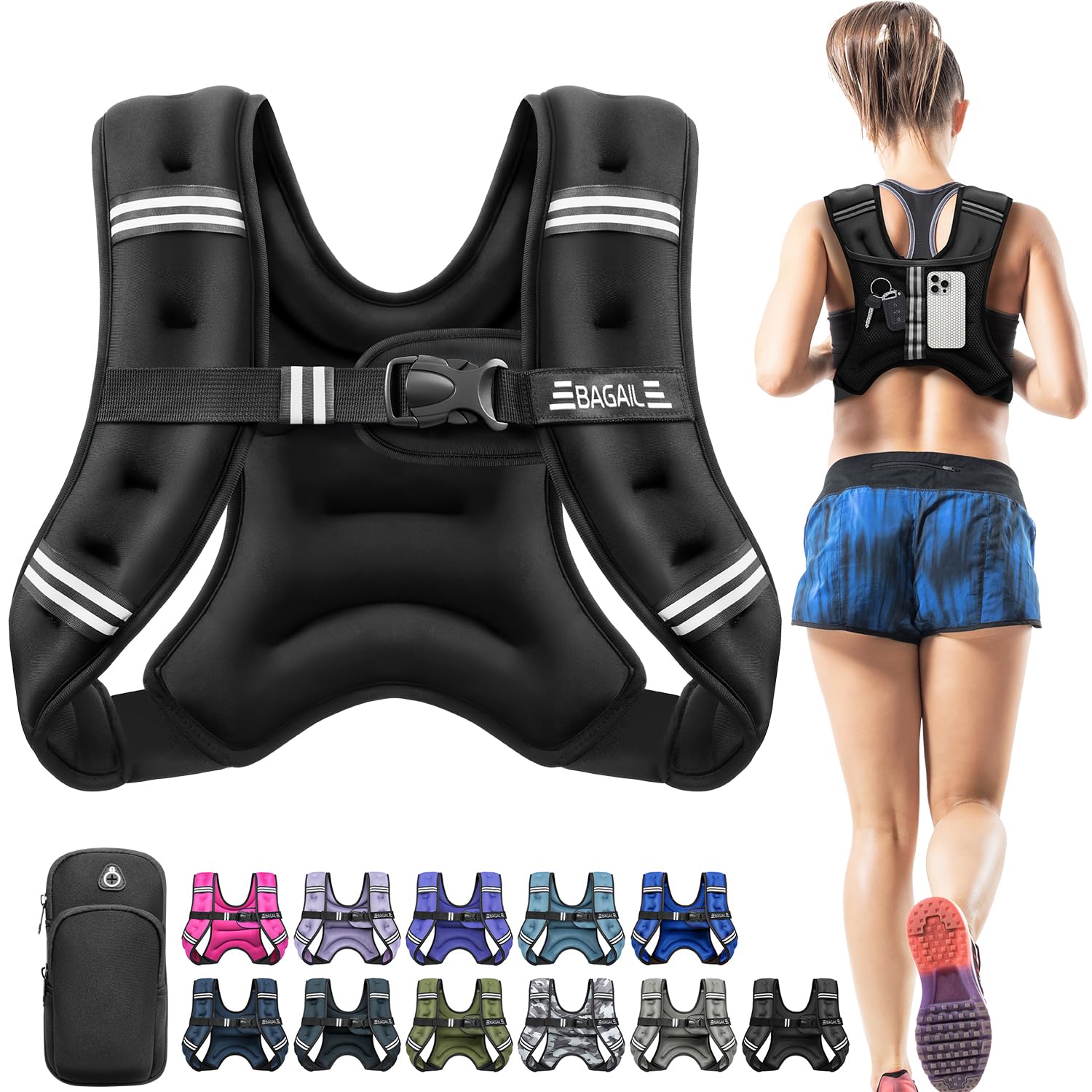 BAGAIL Comfort-Fit Weighted Vest for Woman, Even Weight Distribution, Faster Weight Loss, No-Chafe or Bounce for Walking & Running with Detachable Phone Pouch & Reflective Stripes - 10lb, Black