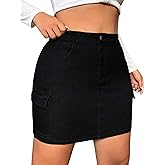 WDIRARA Women's Plus Size High Waist Cargo Denim Skirt Flap Pockets Zipper Fly Bodycon Mini Jean Skirt