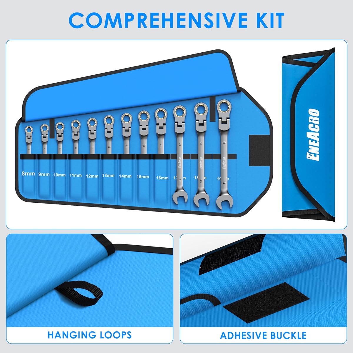 ENEACRO Gelenk-Ratschenschlüssel Set, 12Tlg, 8-19mm, Flex-Kopf Anti-Rutsch Ringmaulschlüssel, Gabelschlüssel-Ringmaul-Schlüssel-Set，72-Zähne, Cr-V, Vernickelt, mit Rolltasche 4