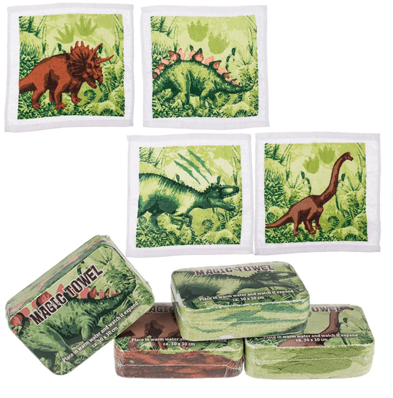 TDHS Dinosaur Magic Flannel T Rex Triceratops Brachiosaurus Stegosaurus Kids Bath Face Cloth Travel Wash Gift Dino Expanding Gift Towel x 1 flannel