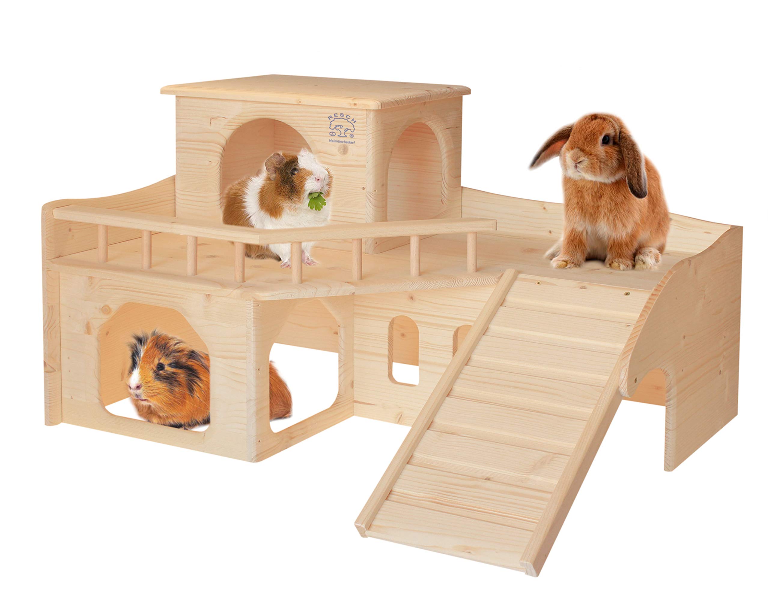 Resch No36 Rabbit Castle Natural Solid Wood Spruce / Three Large Entrances on the ground floor, One Screw-On Staircase and a Removable Tower