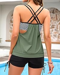 Holipick Women Army Green Striped Tankini Swimsuits