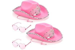 Pumtus 2 Pack Pink Cowgirl Hat with Heart Glasses, Pink Sequin Cowboy Princess Hat with Crown Tiara Design, Halloween Cow Girl Costume Accessories, Fun Rodeo Party Hats and Goggles for Women, Girls
