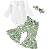 CEHEDDO Newborn Baby Girl Fall Clothes Ruffle Romper Long Sleeve Onesie Daisy Print Flared Pants Set Headband Clothes Set